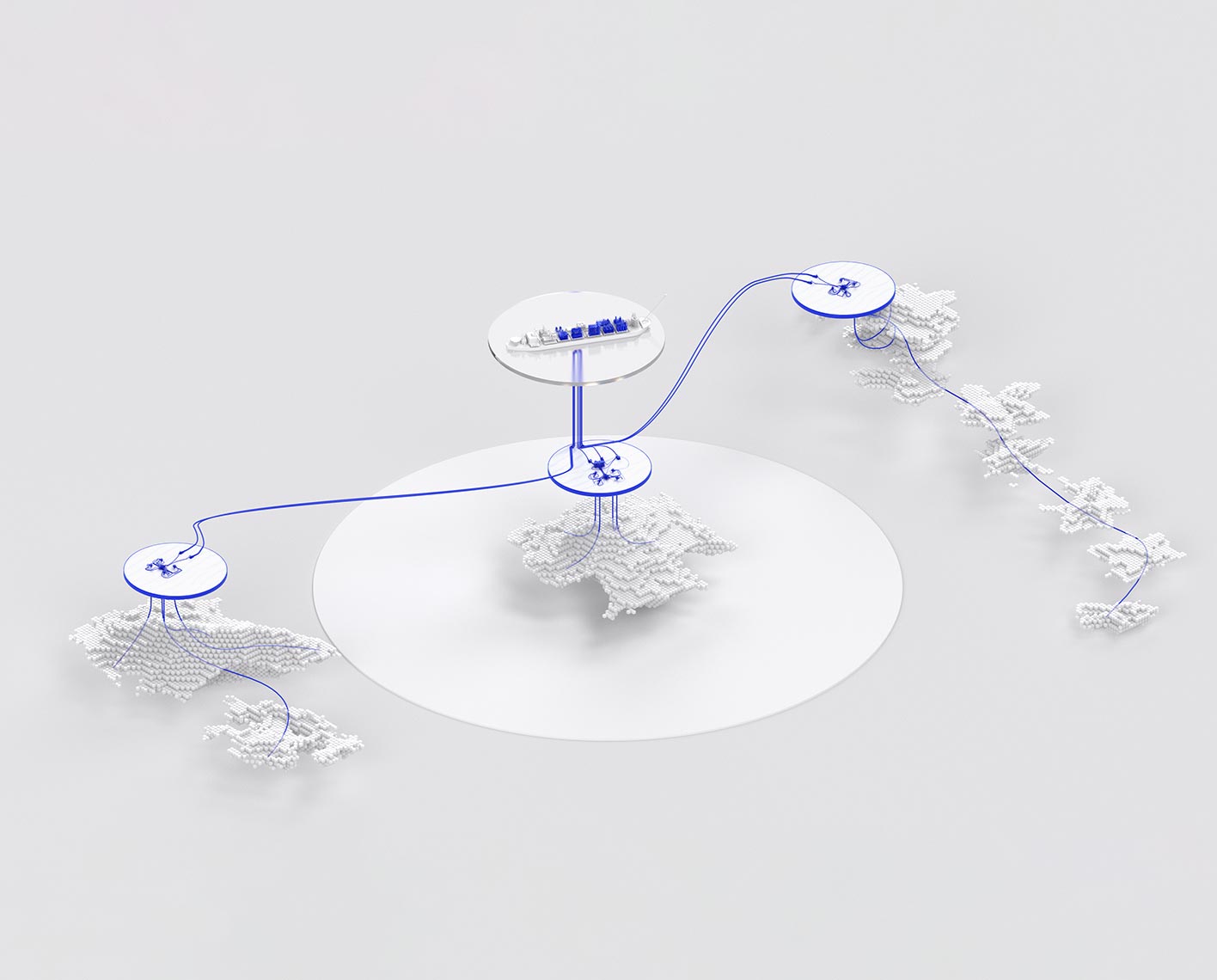 Graphic of 3 offshore platforms with multiple wells and long tiebacks supplying a single FPSO.