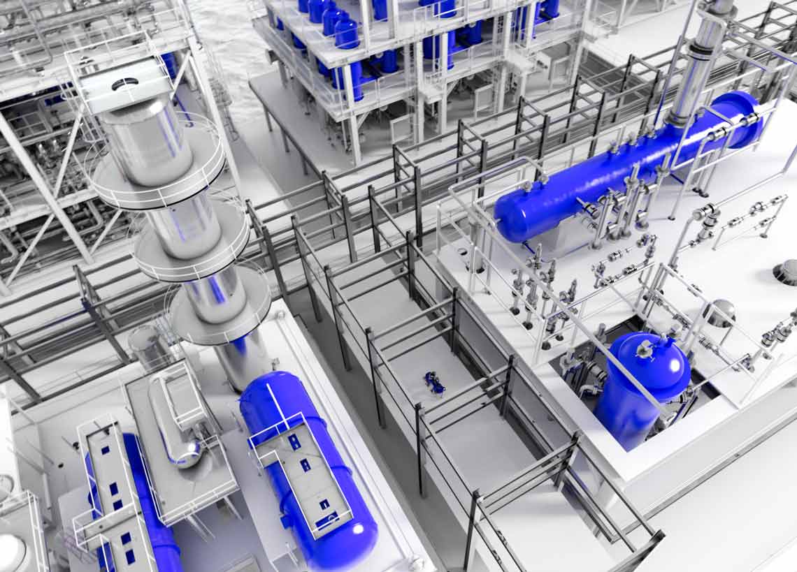 Aerial view in brand art of FPSO deck layout with process equipment and autonomous robot.