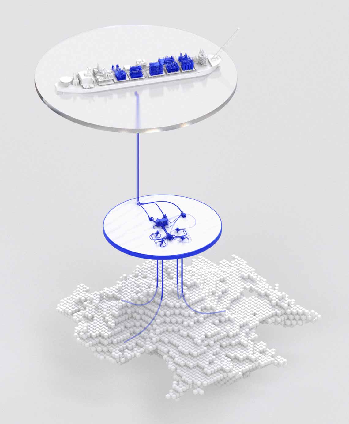 3D image of FPSO, subsea production field, wells and reservoir.