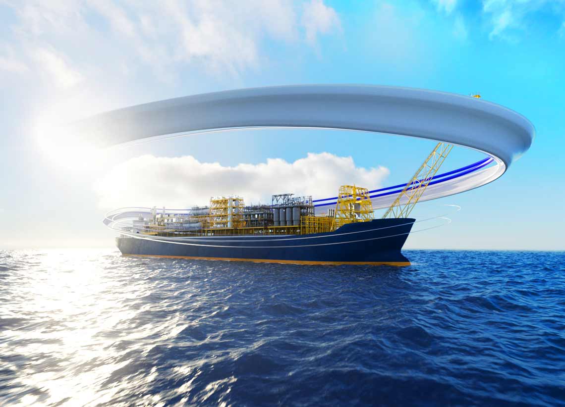 Side-view image of FPSO at sea as stylized blue and white ribbon circles above.