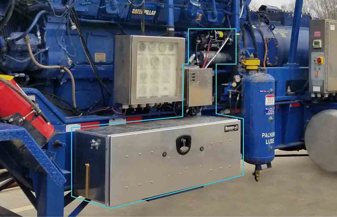 Photo of the PumpIRIS system installed on a pump. The PumpIRIS system is outlined in blue. 