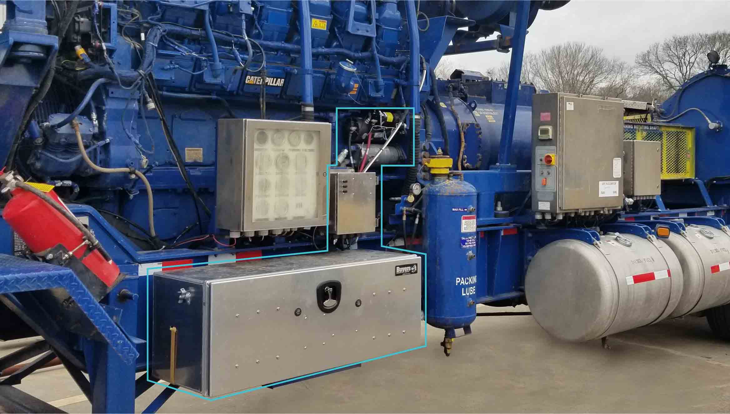 Photo of the PumpIRIS system installed on a pump. The PumpIRIS system is outlined in blue. 