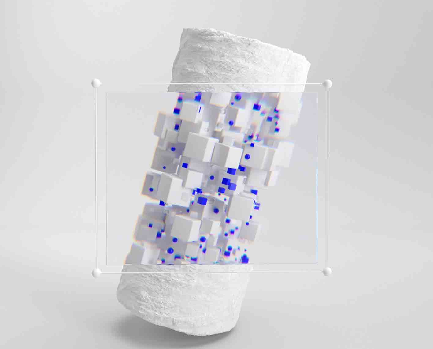 3D abstract render of a core with compontents shown as blocks and spheres