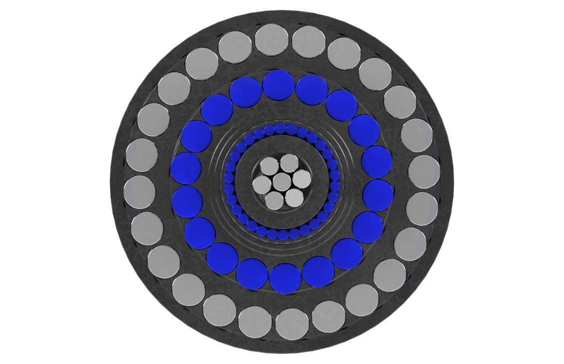 Cross section 3D render of the StreamLine iX extreme-performance polymer-locked wireline cable.