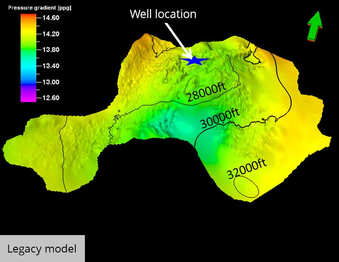 Overlay of pore pressure on a subsalt surface legacy model