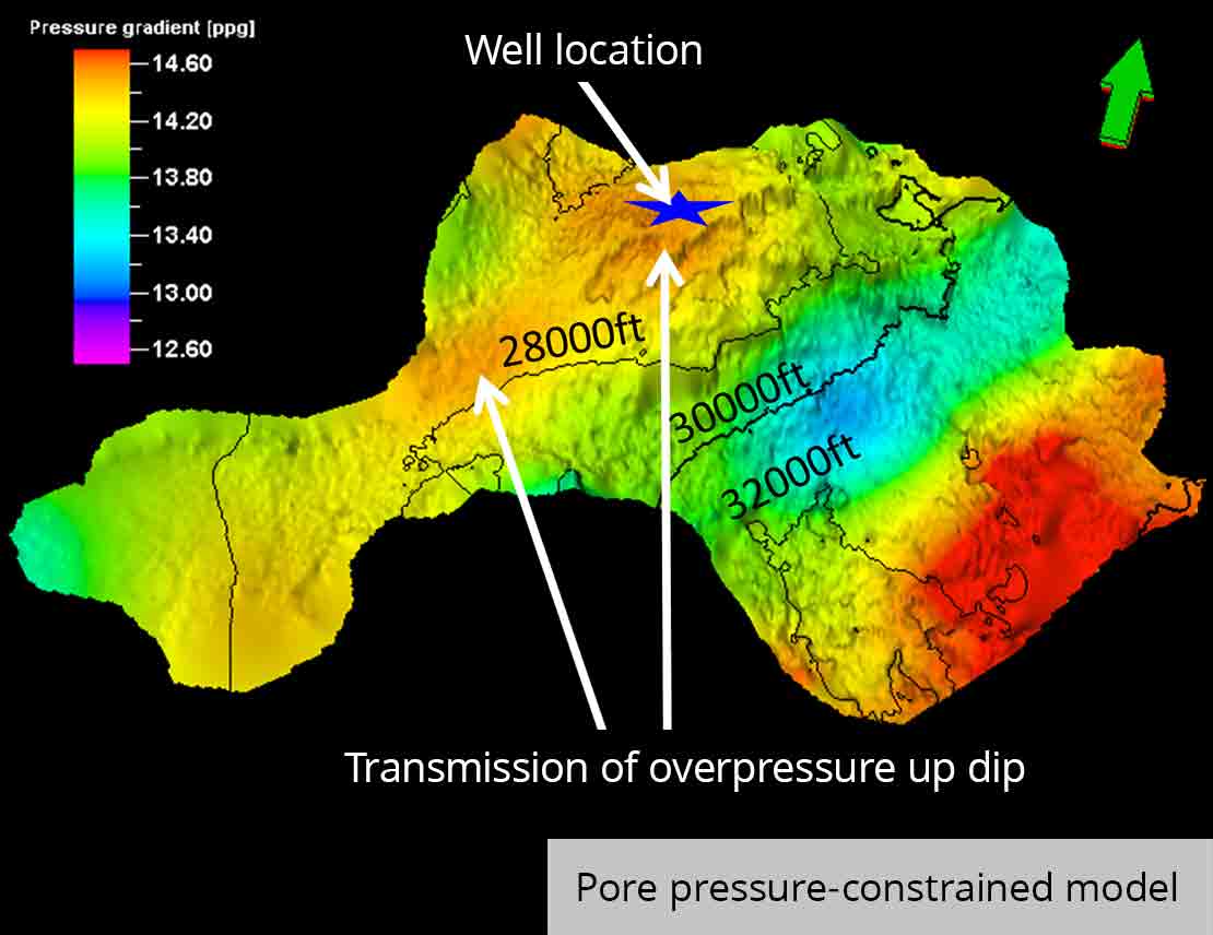 Overlay of pore pressure on a subsalt surface pore-pressure-constrained model