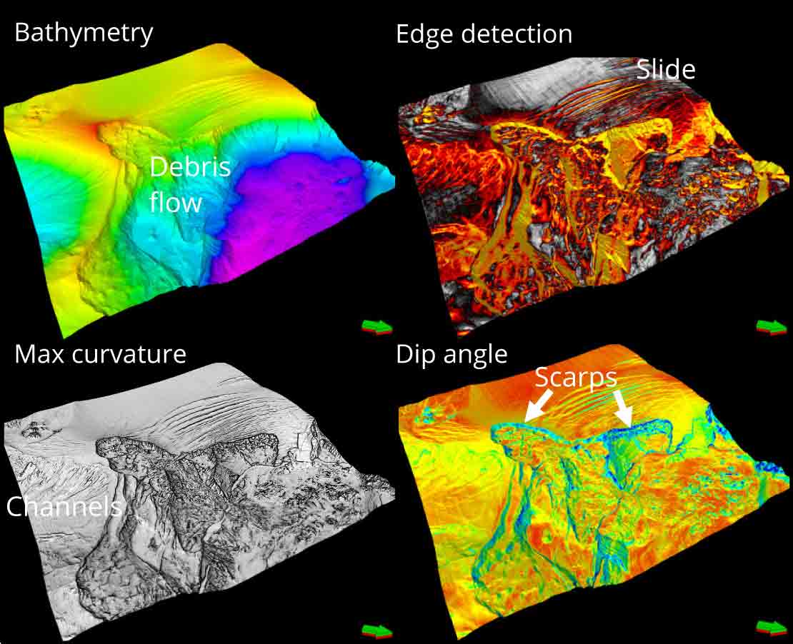 Typical sea floor attribute analysis that can be done on all seismic datasets.