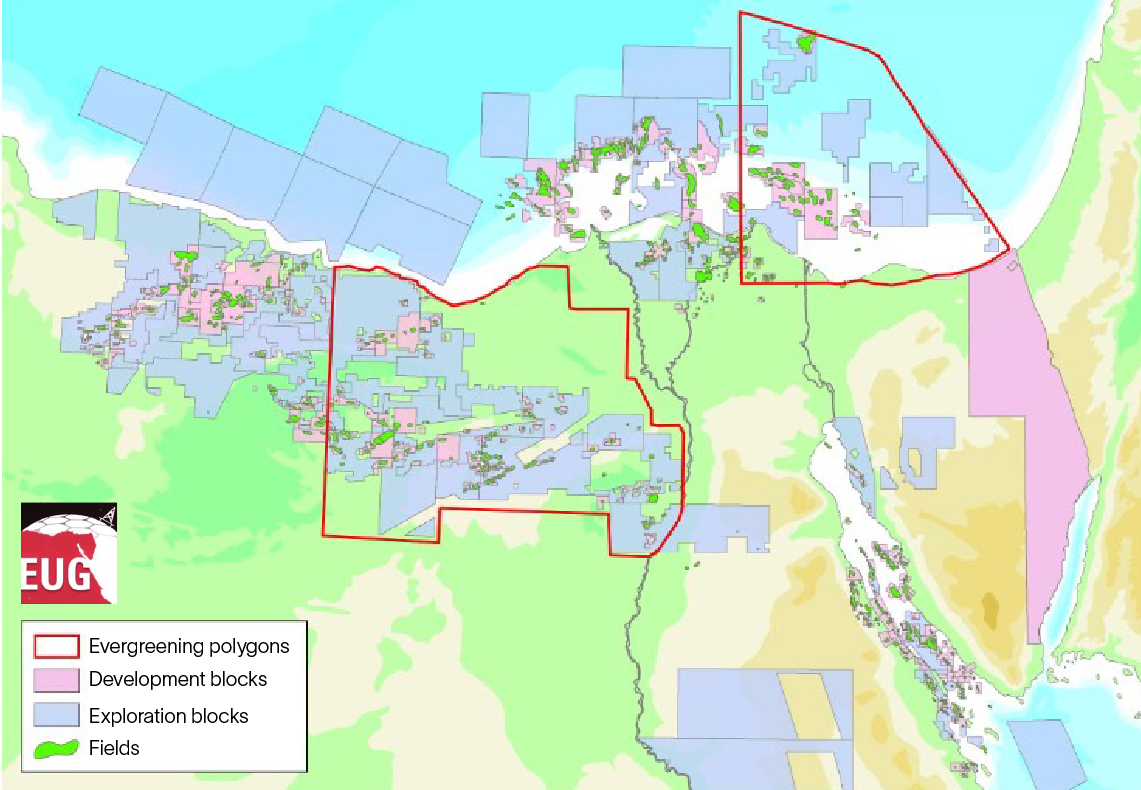 Map of evergreening polygons, development blocks, exploration blocks, and fields for the Egypt Digital Bid Round.