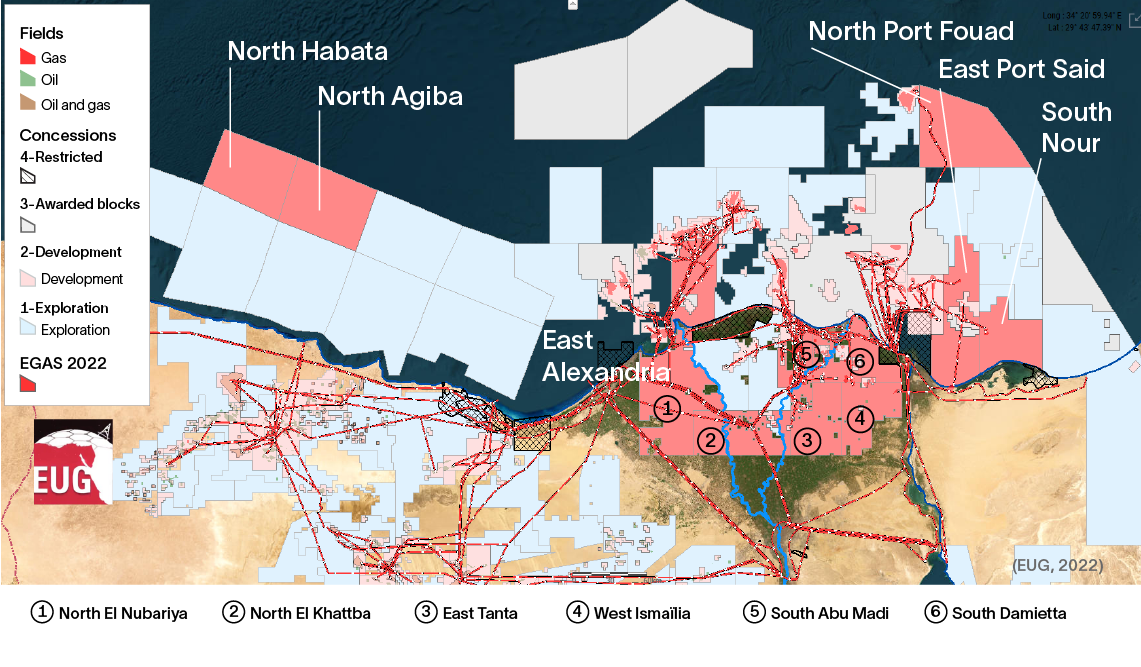 Map of the fields, concessions, and EGAS 2020 blocks in the Egypt area for the second bid round.