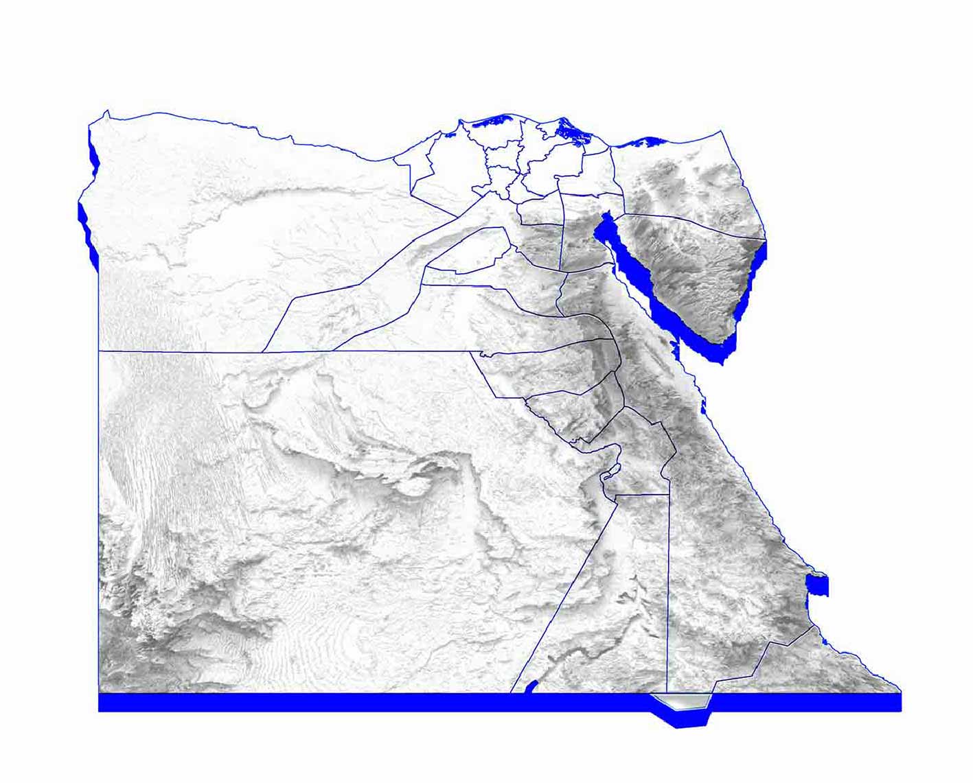 Topographic drawing of Egypt in white and blue.