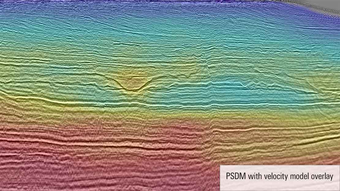 Reprocessed seismic survey with velocity model overlay.