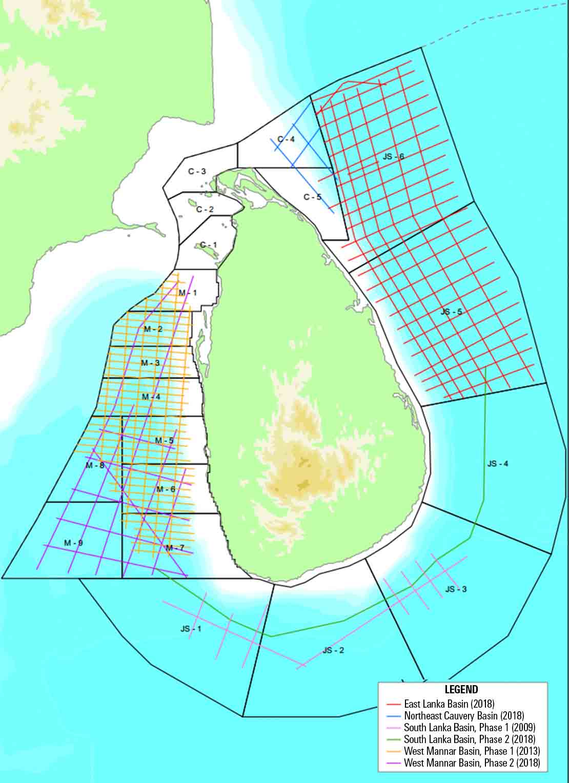 Image showing licensing round blocks and available broadband 2D seismic surveys of offshore Sri Lanka.