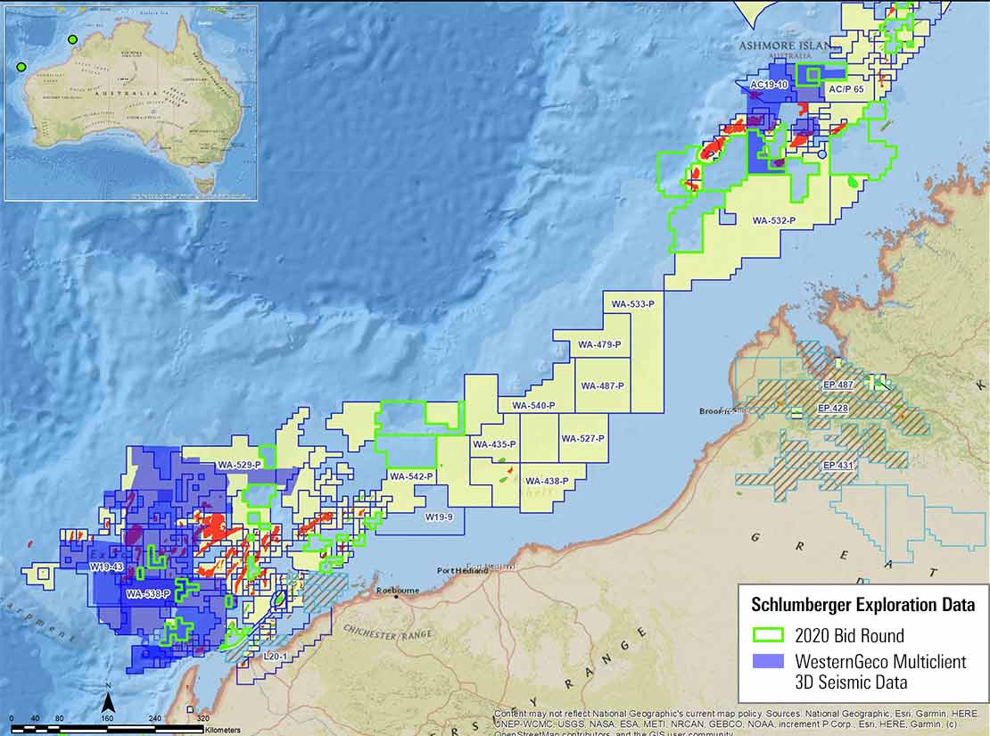 Image showing available acreage blocks and multiclient 3D seismic data offshore Australia