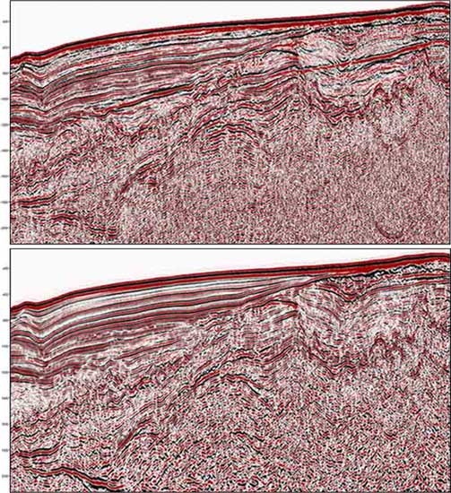 Comparsion of legacy and reprocessed seismic data for offshore Spain survey.