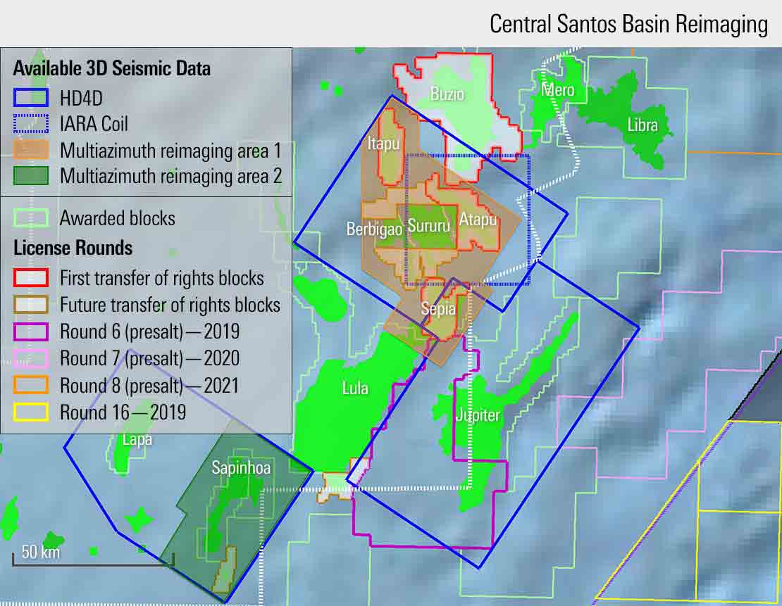 Image showing available 3D seismic data and license rounds blocks in the Central Santos Basin