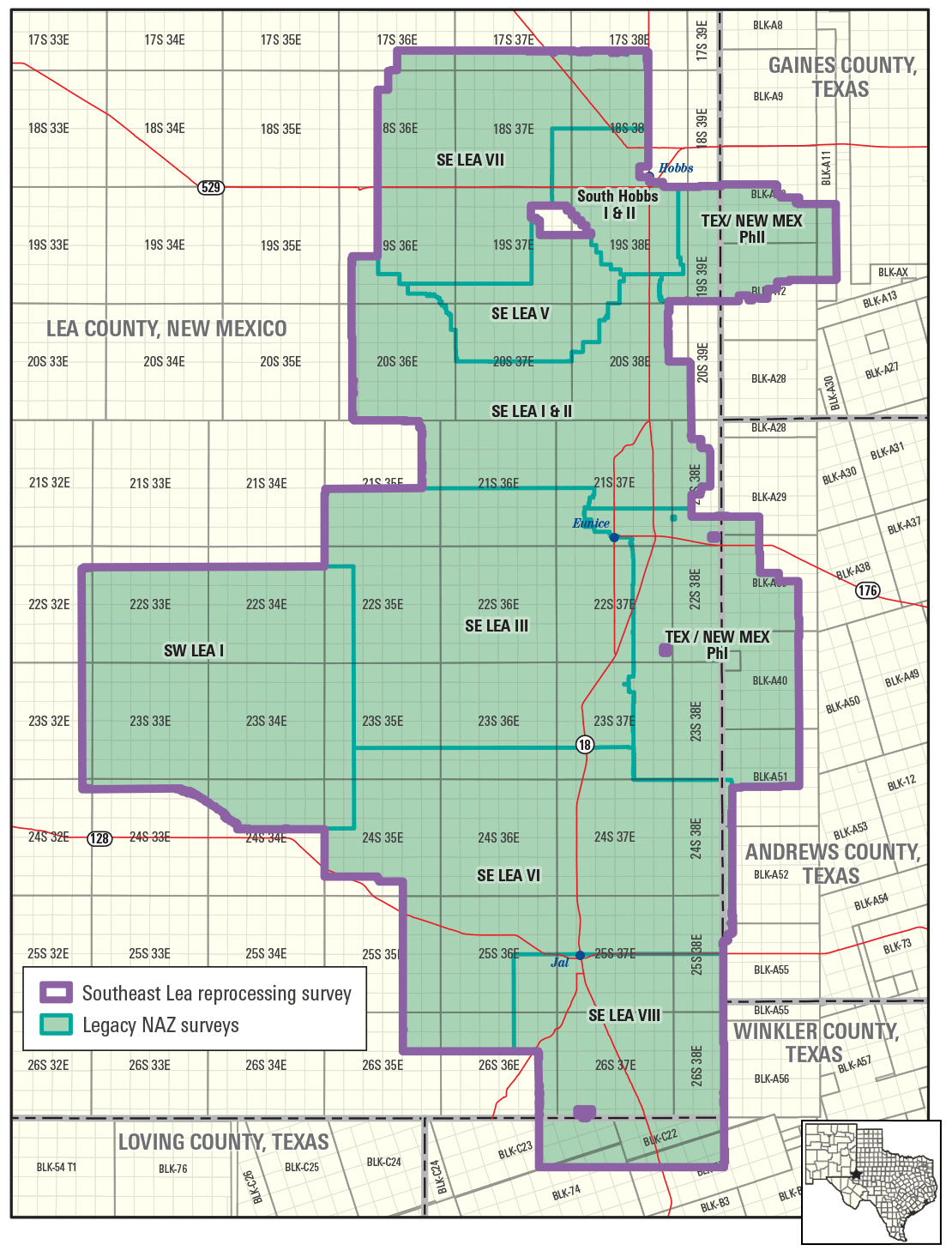 Blocks showing Southeast Lea Depth Reimaging and Survey Merge project