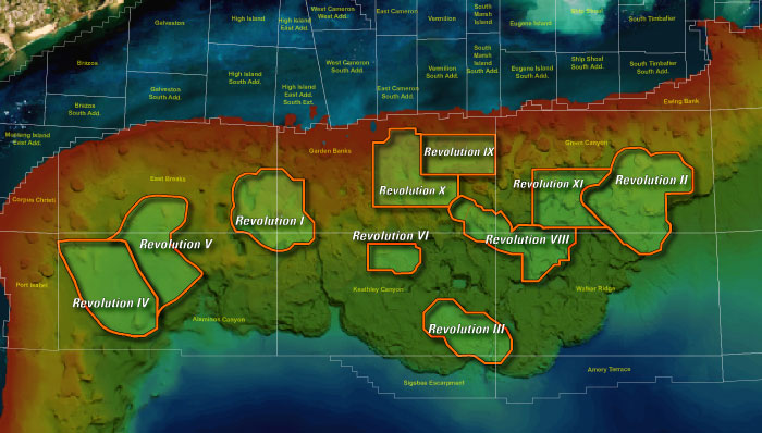 Map showing Revolution full-azimuth, long-offset surveys in the Gulf of Mexico.