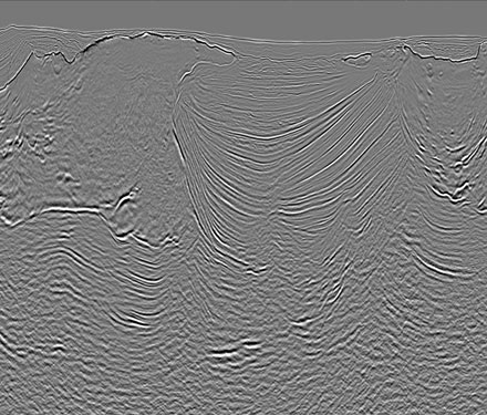 Revolution seismic data image shows an enhanced stack after full waveform inversion (FWI) plus subsalt update.