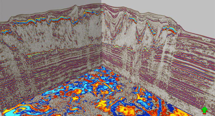 Seismic data shows the merge of raw RTM data from E-Octopus VIII, IX, and X surveys.