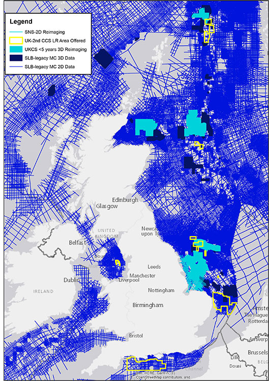 Map showing North Sea - advanced 2D and 3D data, reprocessing, and imaging workflows tailored for carbon storage.