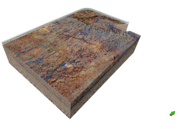 Top reservoir (a) and overburden (b) interpreted horizons textured with color processed (red-green-blue) seismic data showing the slope channels and shallow, gas bearing fault systems in their regional depositional context. 