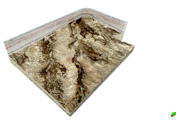 Top reservoir (a) and overburden (b) interpreted horizons textured with color processed (red-green-blue) seismic data showing the slope channels and shallow, gas bearing fault systems in their regional depositional context. 
