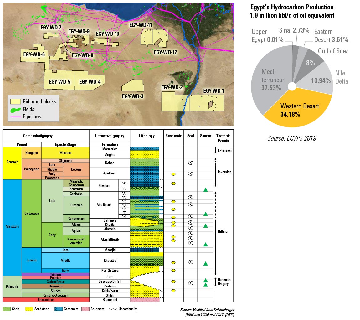 Western Desert stratigraphic column, available bid round blocks, and percentage of Egypt’s total oil production.