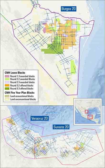 2D reimaging surveys for the Sureste, Veracruz, and Burgos Basins.