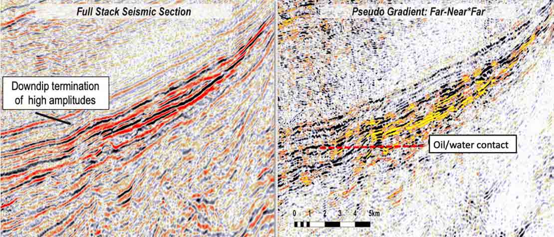 Located next to the Cen-Turonian mature oil source rock, the Mid-Cretaceous sands display a strong AVO class III anomaly. A possible hydrocarbon contact indicated by the shutoff of amplitudes can also be seen on the pseudo-gradient stack. 