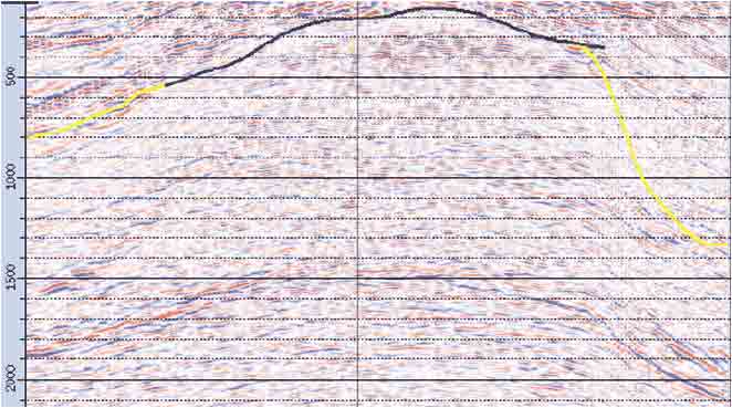Seismic section illustrating the improvements in post-stack depth migration (PSDM) imaging using frequency-domain CSEM.