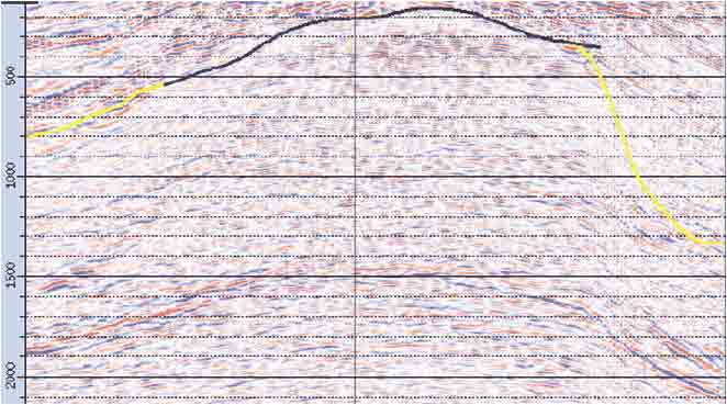 Seismic section illustrating the improvements in post-stack depth migration (PSDM) imaging using frequency-domain CSEM.