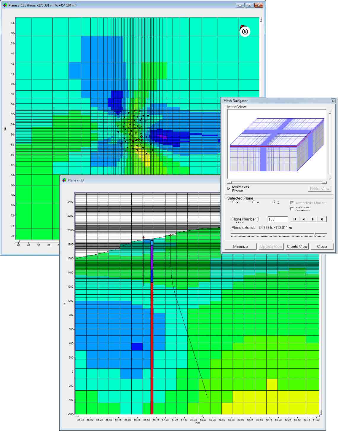 Horizontal and vertical section of a resistivity distribution model