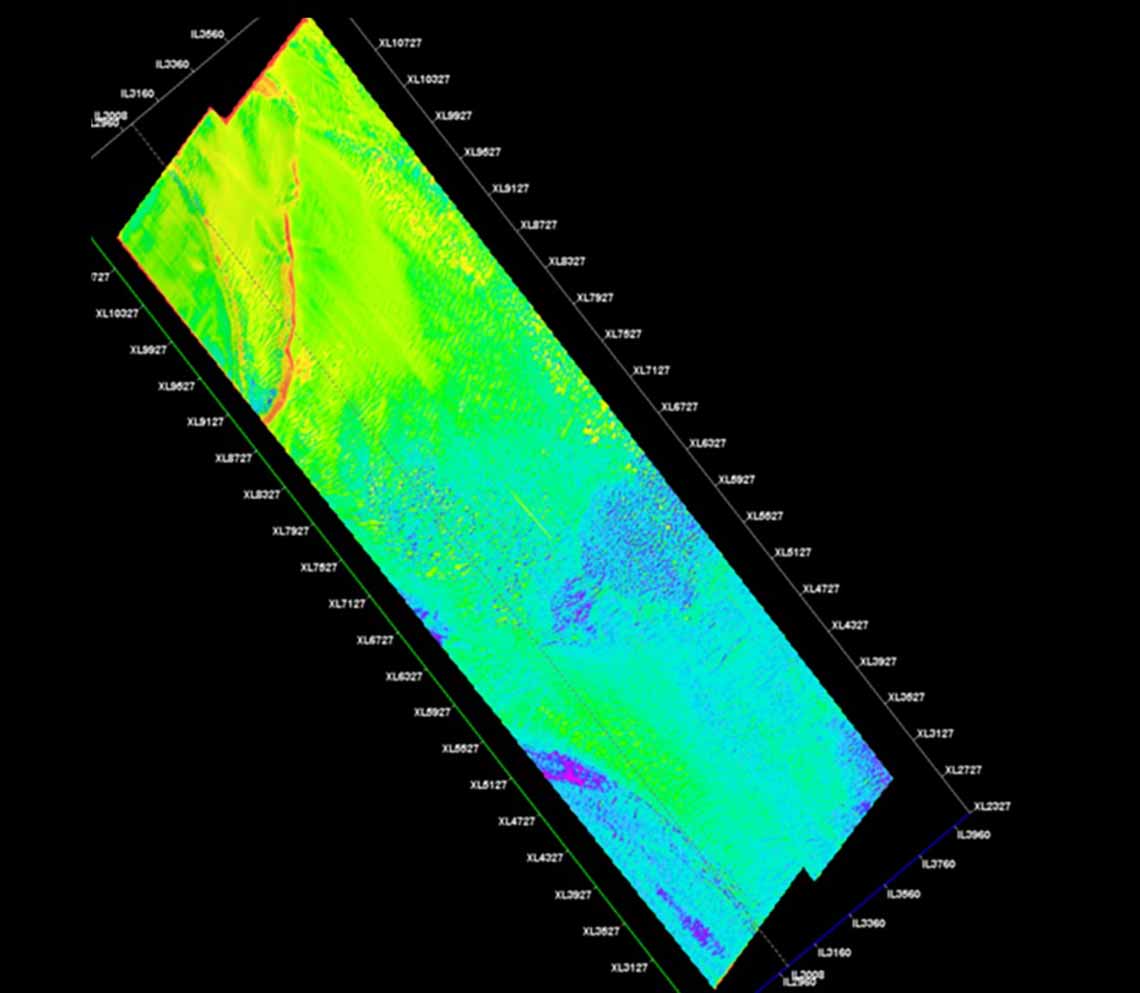Amplitude map QC after Water Velocity Corrections at the water bottom showing the loss of energy due to water velocity variations.