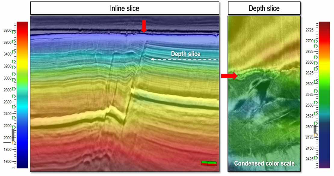updated Seismic inline and depth slice of a smoothed PSTM velocity model after Adjustive FWI