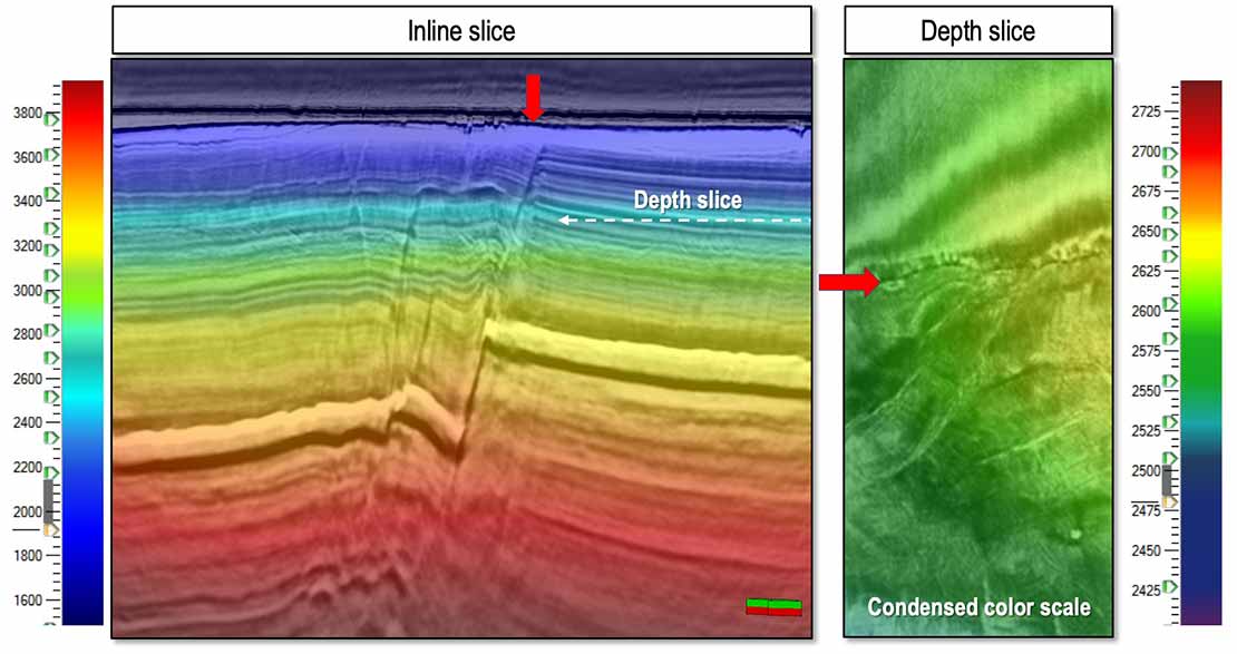 Seismic inline and depth slice of a smoothed PSTM velocity model