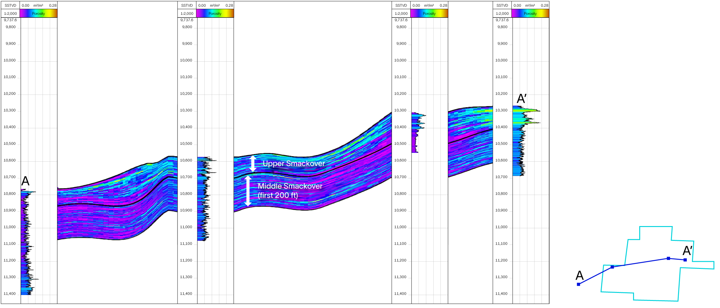 Porosity distribution across the Upper Smackover and the underlying 200 feet of the Middle Smackover.