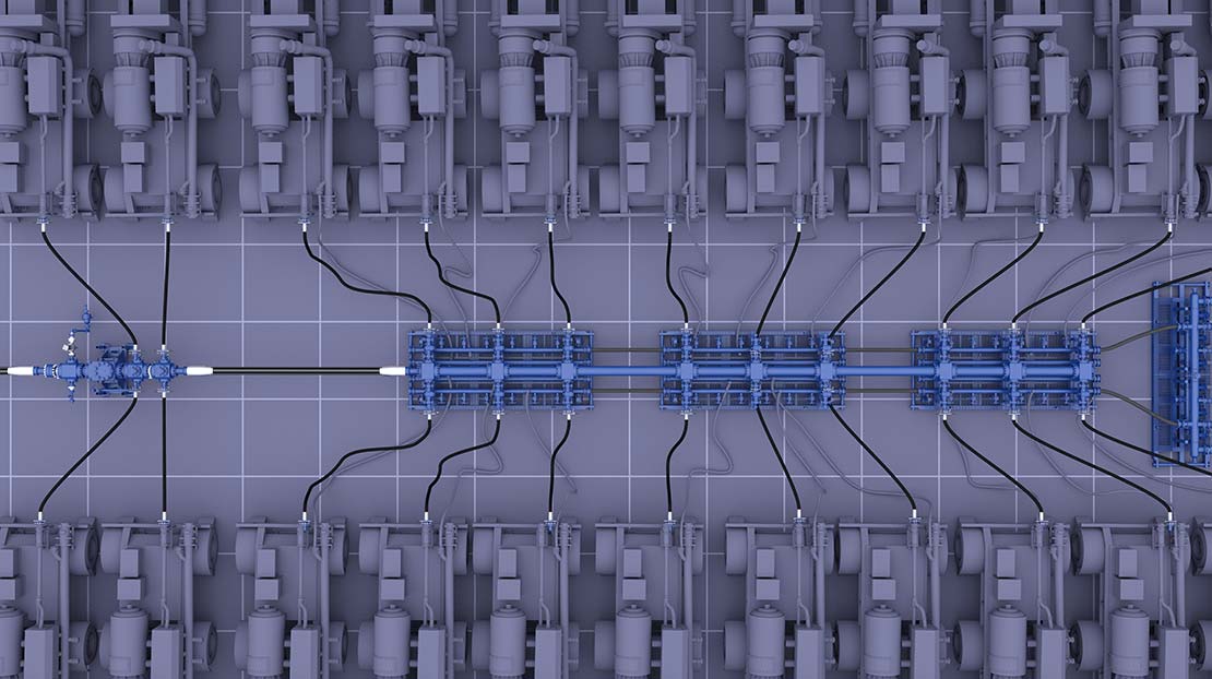 Layout of three 6-pump monobore frac missile system skids using two-connection MonoFlex technology.