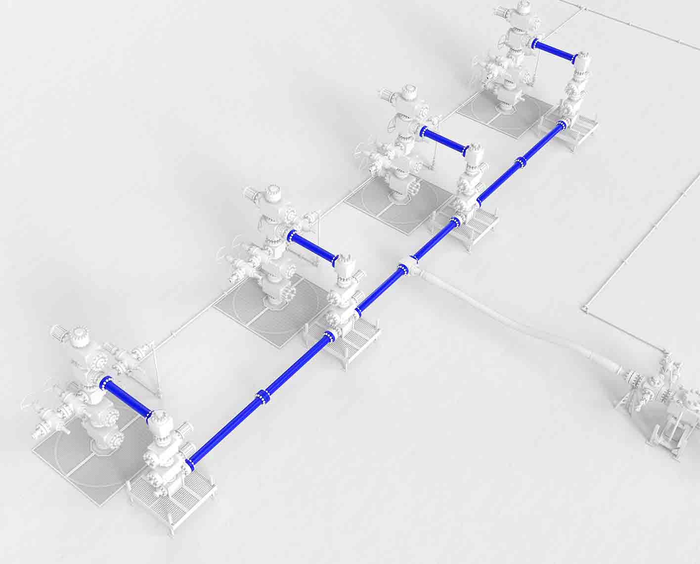 High-angle representation of Monoline flanged-connection fracturing fluid delivery technology. 
