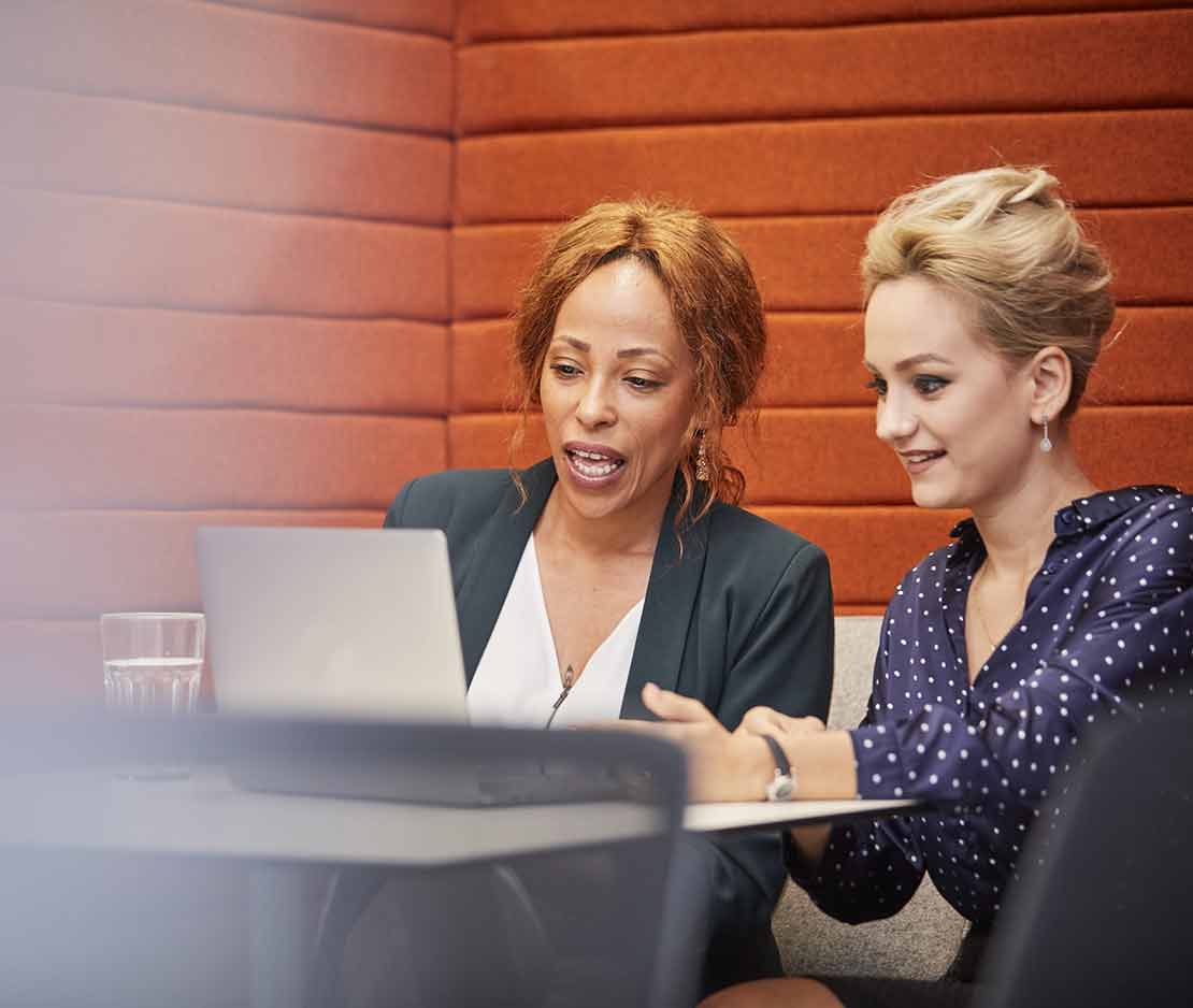 Two employees looking at a laptop.