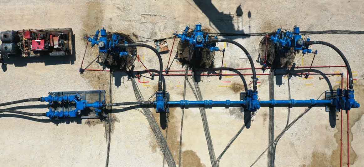 Aerial view of three frac trees with the Monoflex technology