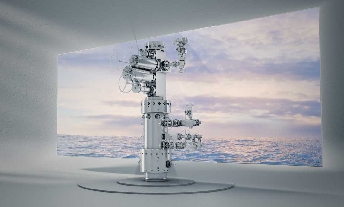 Cameron Fontus wellhead in a metal texture with an scene of the ocean behind it