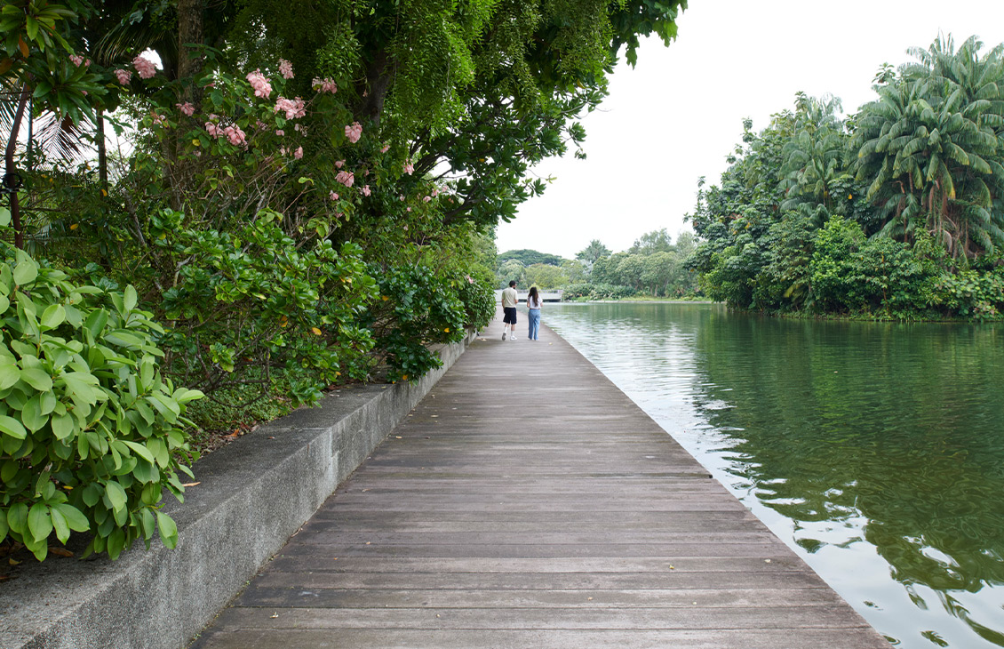 two people walking on a deck over water