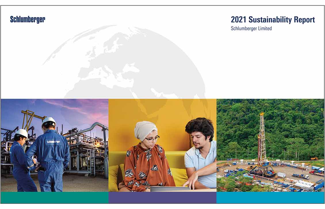 Schlumberger 2021 Sustainability Report cover shows upstream plant, employees, and a land rig.