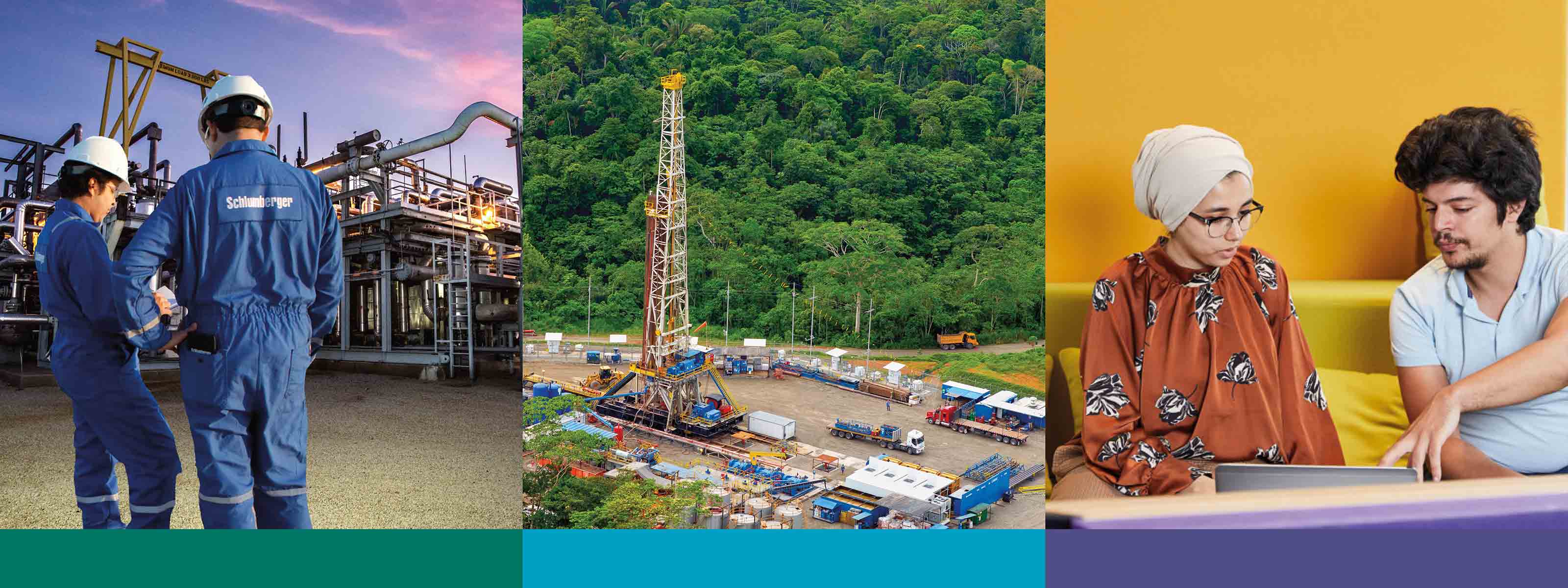 Schlumberger 2021 Sustainability Report cover shows upstream plant, a land rig, and employees.
