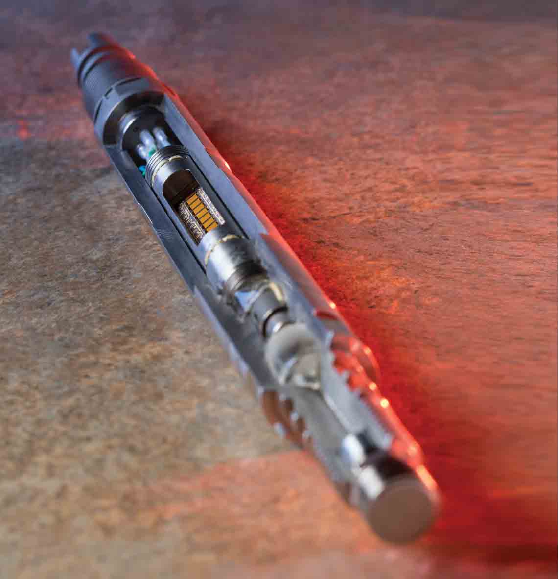 Illustration of a downhole pressure gauge.