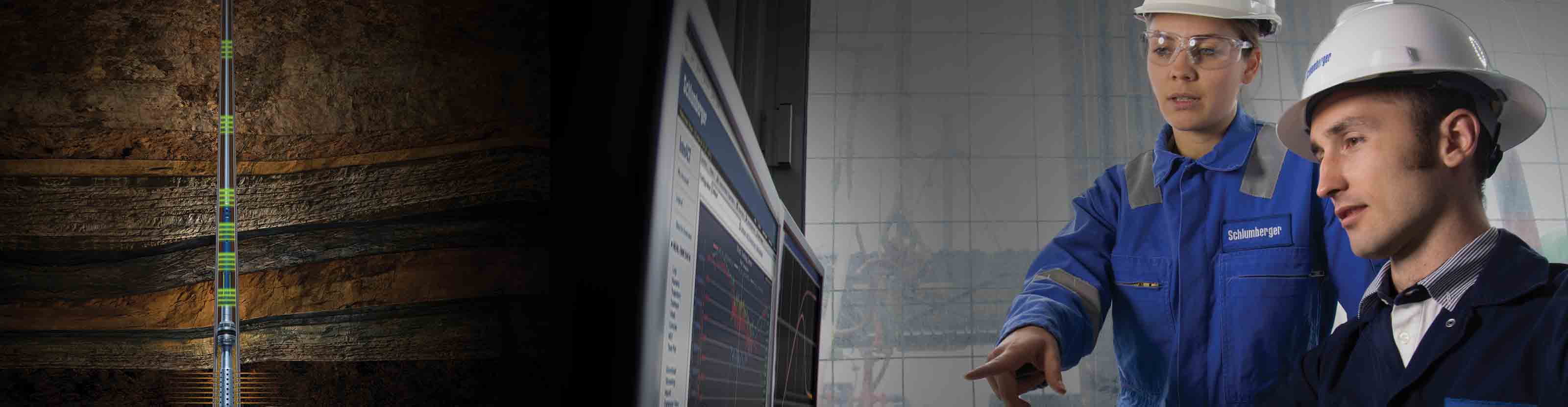 Two Schlumberger workers reviewing data on a monitor (right) and illustration of the Quartet downhole reservoir testing system downhole (left).