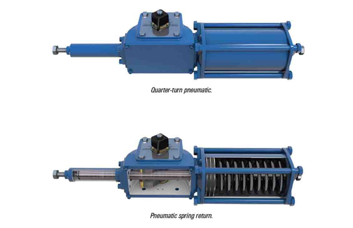 Quarter-turn and spring-return pneumatic LEDEEN actuators.