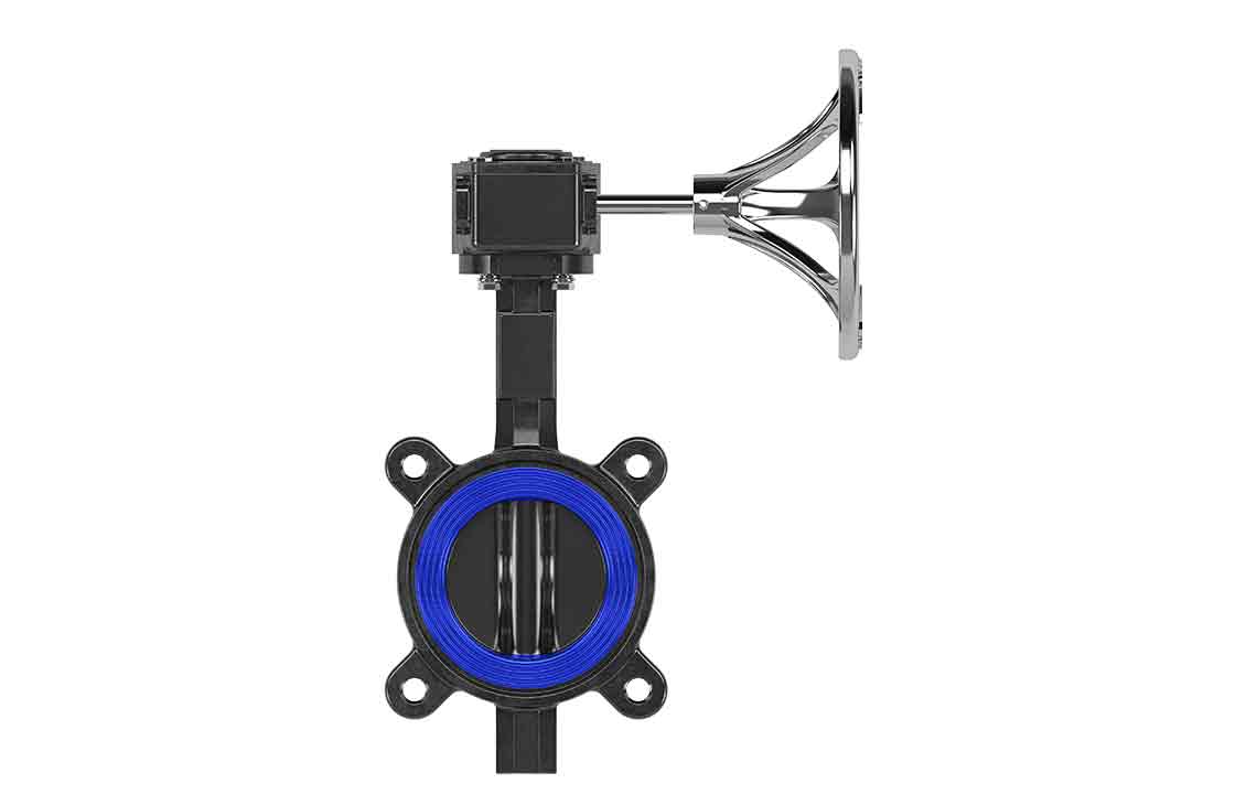 Rendering of a 3-in, lug-style Navco resilient seated butterfly valve with handwheel-operated gearbox.