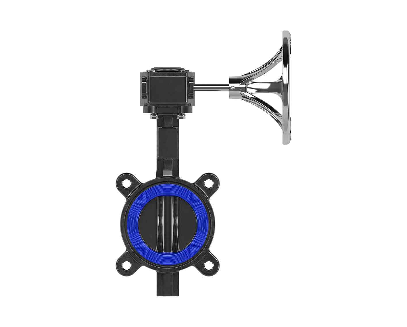 Rendering of a 3-in, lug-style Navco resilient seated butterfly valve with handwheel-operated gearbox.