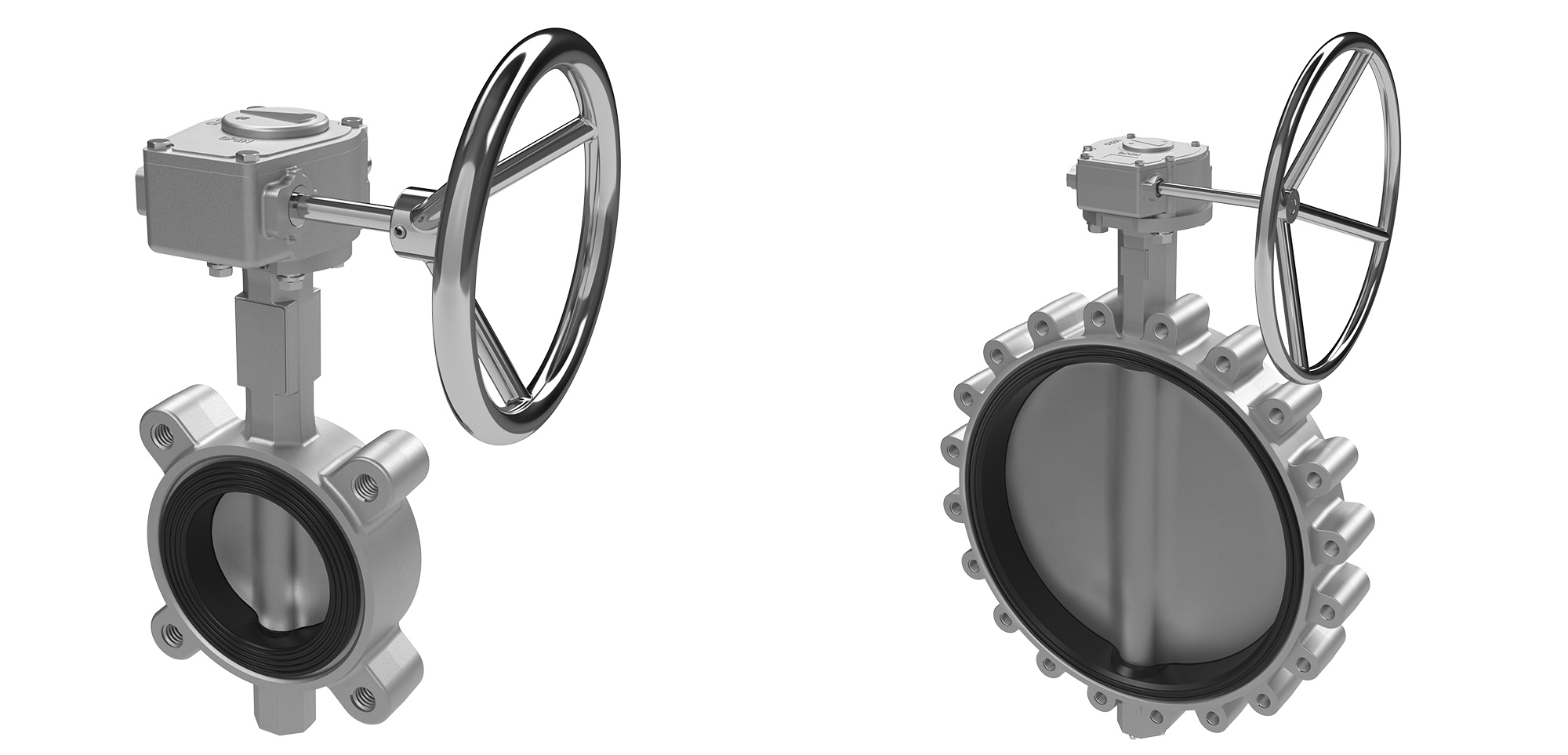Image of 2 Navco resilient seated butterfly valves in lug style, with handwheel-operated gearboxes.